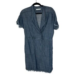 Trina Turk Women's Denim Dress Frayed Hem Short‎ Sleeve Casual Blue Size Small